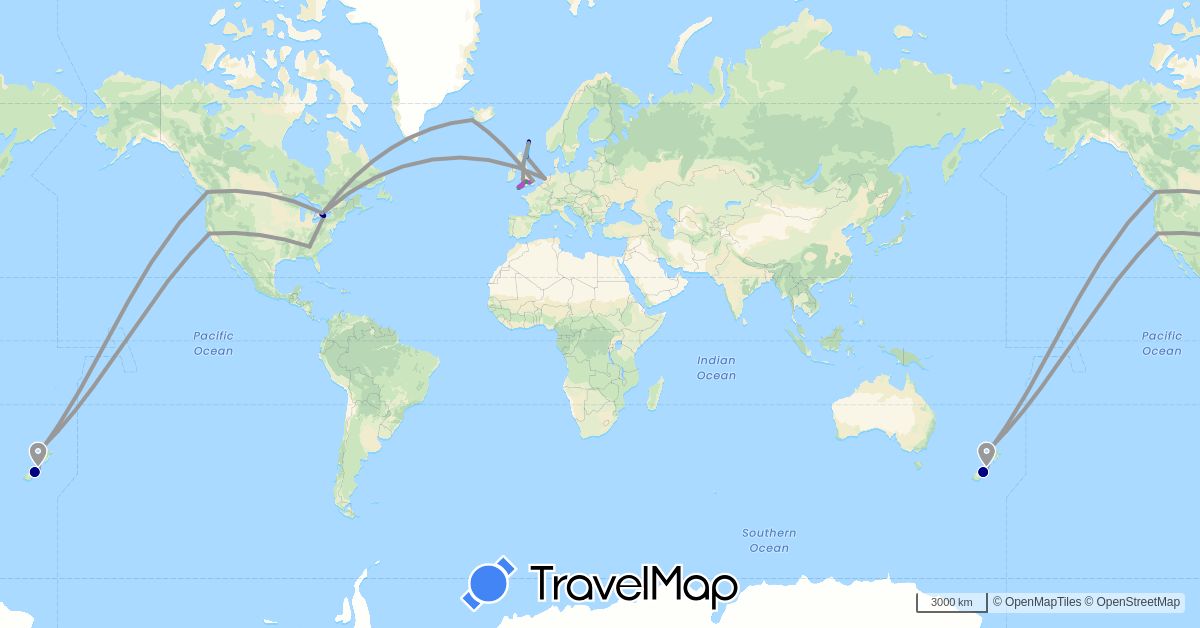 TravelMap itinerary: driving, bus, plane, train, boat in Canada, United Kingdom, Iceland, Netherlands, New Zealand, United States (Europe, North America, Oceania)